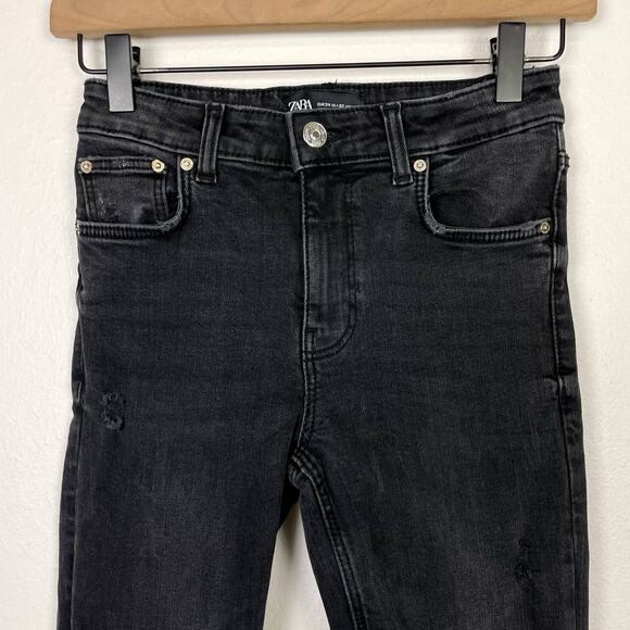 Zara | Black Distressed Raw Hem Mid Rise Skinny Jeans - Picture 2 of 7